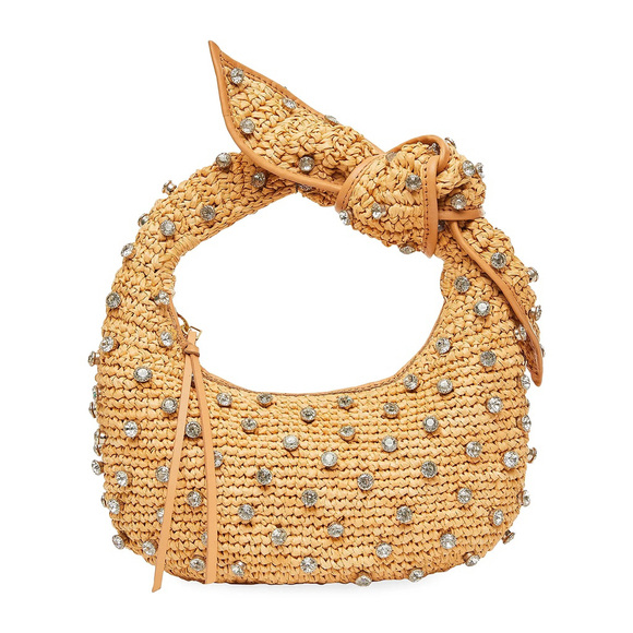 Poolside Handbags - NWT Poolside Josie Bling Raffia Top-Handle Knotted Bag Crystals Natural